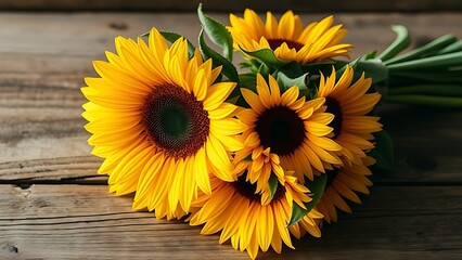 A vibrant sunflower bouquet arranged on a rustic wooden surface, bathed in warm golden natural light.