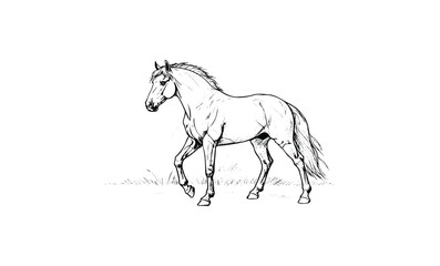 Graceful horse sketch walking gracefully amidst grass. Vector retro hand drawn illustration