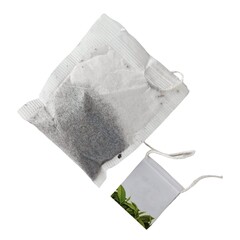 Tea bag with string label isolated on white background, top view