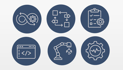 Process automation workflow icon set. Circular graphic depicts process. Business technology engineering production operation. Dark blue background round shape line style vector