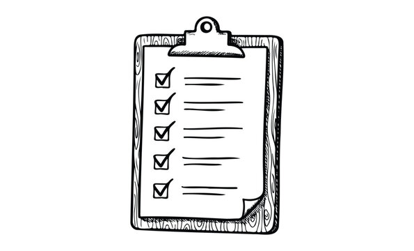 Hand-drawn checklist with five items on a clipboard for task management. Vector retro hand drawn illustration