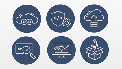 Cloud technology solution icon set. Outline icons showcase data storage security development monitoring startup. Business technology data web development. Dark blue background white line vector