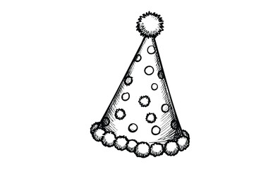 Hand-drawn party hat with dots and pom-pom. Vector retro hand drawn illustration