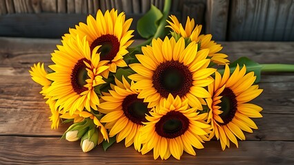 Sunflowers on a rustic wooden surface, warm golden hour light enhancing their natural beauty.