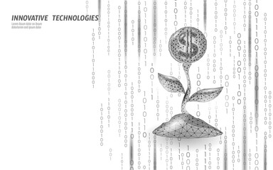 Digital money tree growing. Financial growth innovative concept economy. Investment income technology banking future. Low poly style grey white vector