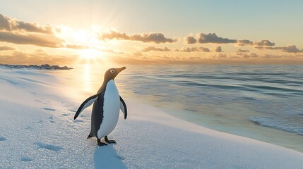 Obraz premium Lone penguin heading toward arctic sea waves high resolution picture