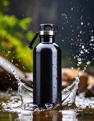 Black water bottle in splash