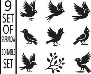 Obraz premium Nine black bird silhouettes in various poses with foliage on a white background editable set vector art