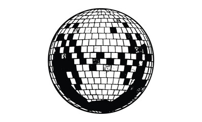 Black and white smiley face disco ball with checkered pattern. Vector retro hand drawn illustration