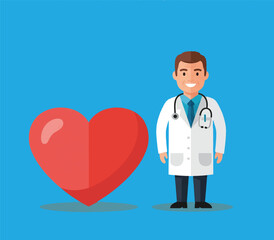 Fototapeta premium Doctor with floating heart elements around digital interface