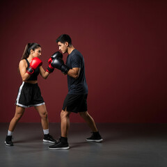 Boxers Training Together, Dark Red Background, Controlled Sparring, Combat Fitness, Mutual Focus.