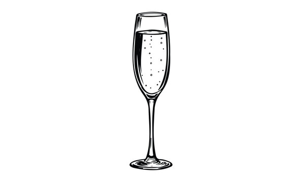 Elegant champagne flute outline with bubbles in black and white drawing. Vector retro hand drawn illustration