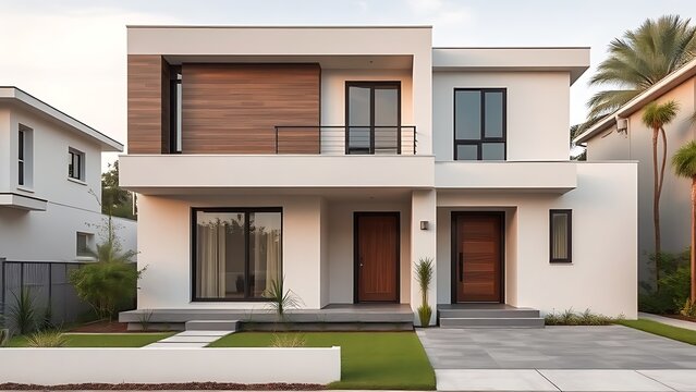 Modern residential architecture with clean lines, bathed in neutral tones under daylight.