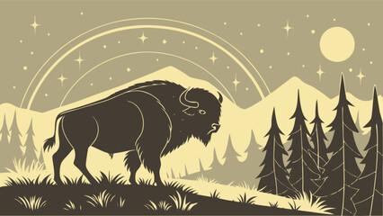 Silhouette of a bison standing in a field with trees mountains and a moon in the background scene © Zia
