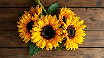 Sunflower arrangement on a rustic wooden surface with warm yellow tones.
