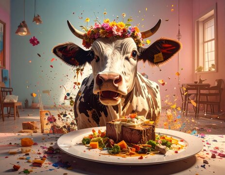 A stunned cow stands in a cozy room, facing a gourmet beef dish served on white porcelain. The domestic calm explodes into absurdity, exposing the surreal contradiction of taste and origin