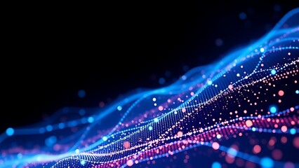 Futuristic data visualization with glowing blue particles on a dark background, symbolizing advanced technology.