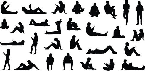  A comprehensive vector graphic set of black silhouettes depicting diverse men and women relaxing, reading, and using phones or tablets, isolated on a clean white background.