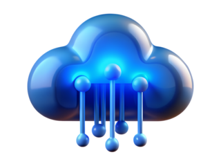 A glowing blue cloud icon with digital connections isolated on transparent background