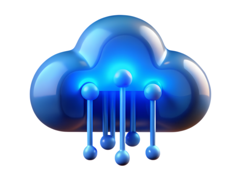 A glowing blue cloud icon with digital connections isolated on transparent background