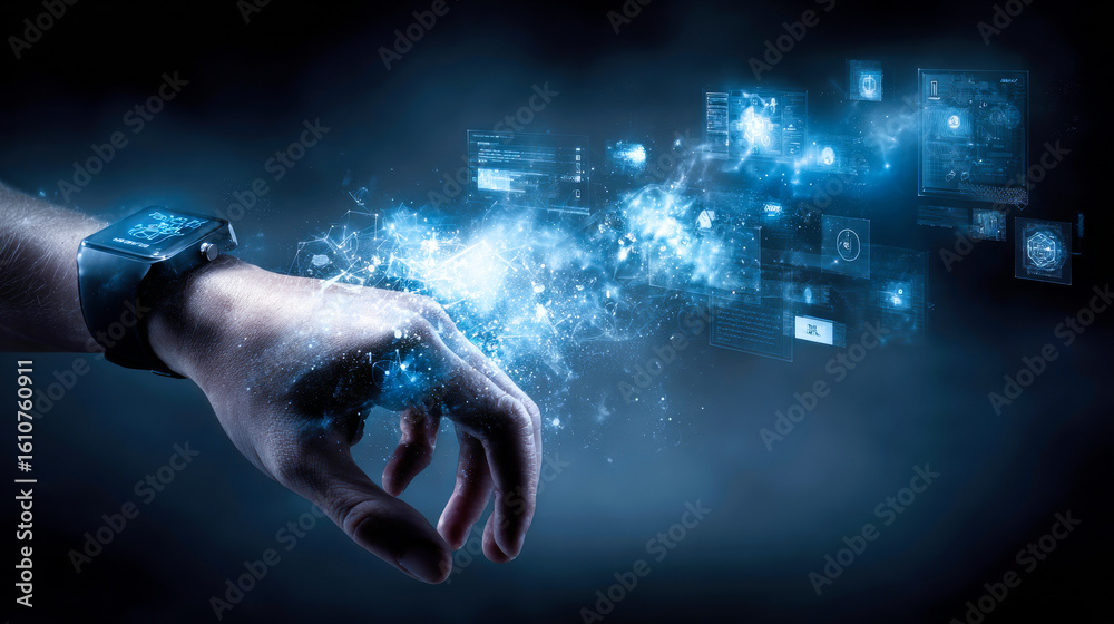 Wall mural a smart watch on someone's wrist, with digital screens floating around it displaying various ai inte