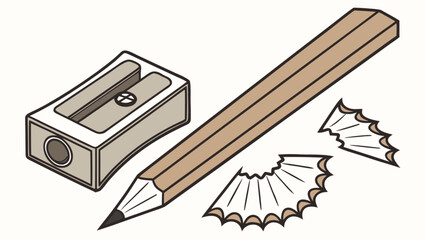 Illustration of a sharpened pencil with a sharpener and pencil shavings on a white background