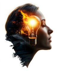 Woman's Profile with a Lightbulb Head, Forest Fire, and Insight