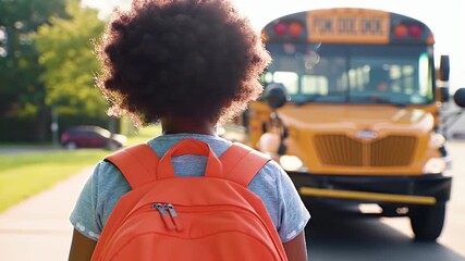 Rear view of a young African American student with an orange backpack walking towards a yellow school bus