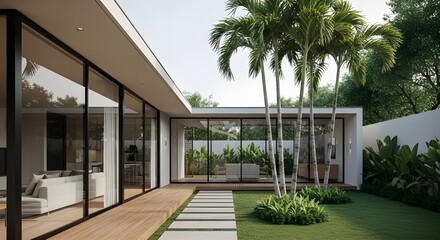 Minimalist beachfront villa with full glass facade and palm trees.