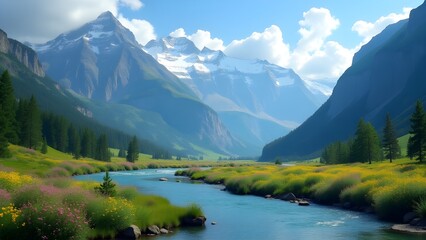 Fototapeta premium River Winding Through a Mountain Valley, Framed by Snowy Peaks and Wildflowers