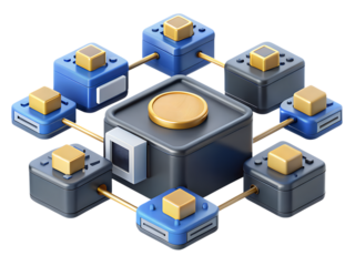A central hub connected to smaller nodes in a digital network isolated on transparent background