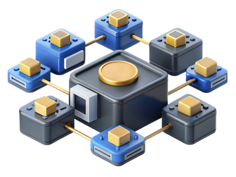 A central hub connected to smaller nodes in a digital network isolated on transparent background