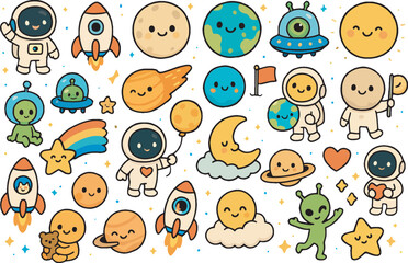 Fototapeta premium Cute Kawaii Space Clipart Set with Astronauts, Aliens, and Planets