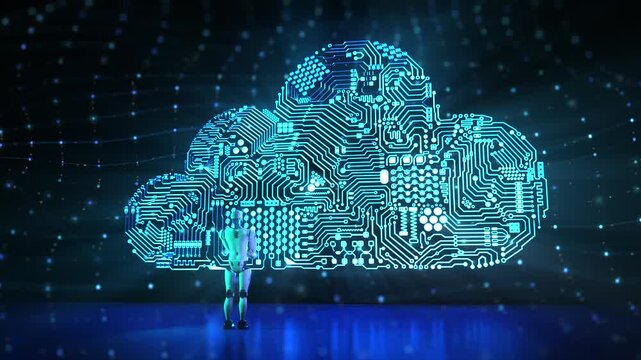 Cloud computing technology concept with 3d rendering ai robot and digital circuit cloud graphic display 4k footage