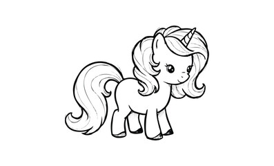 Fototapeta premium Cute cartoon unicorn with flowing mane black and white outline for coloring. Vector retro hand drawn illustration