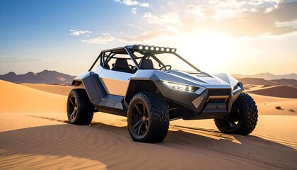 Futuristic off-road vehicle traversing a sandy desert landscape under a vibrant sunset