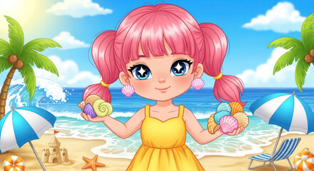 Naklejka premium Girl at the Beach Illustration