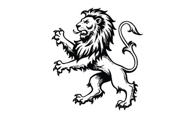 Heraldic lion illustration in black and white roaring with majestic mane. Vector retro hand drawn illustration