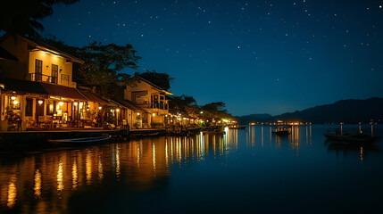 Fototapeta premium Night lakefront view with illuminated buildings and starry sky perfect for travel and tourism promotion