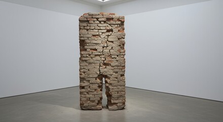 A weathered brick pillar featuring a large vertical crack and a bifurcated base displayed in a minimal gallery space