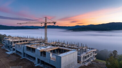Fototapeta premium An under construction building with exposed concrete walls, steel columns,