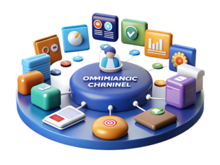 A 3d illustration of a digital channel with icons representing data and communication flow isolated on transparent background