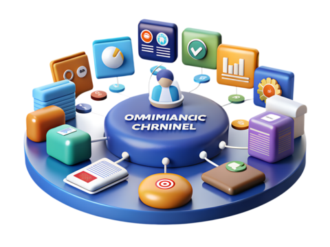 A 3d illustration of a digital channel with icons representing data and communication flow isolated on transparent background
