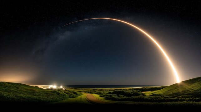 A night scene featuring a rocket launch with a bright shooting star trail over a grassy landscape,