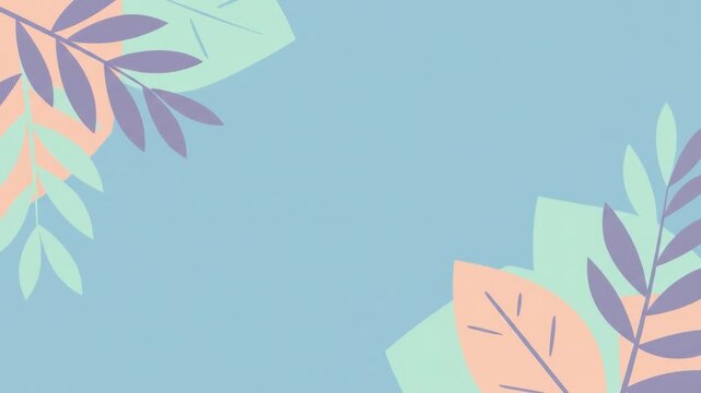 Abstract composition features pastel leaves in coral, lavender, and mint green against a soft blue background. The design evokes a calm and natural feeling