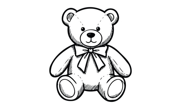 Cute teddy bear sketch with ribbon in black and white. Vector retro hand drawn illustration