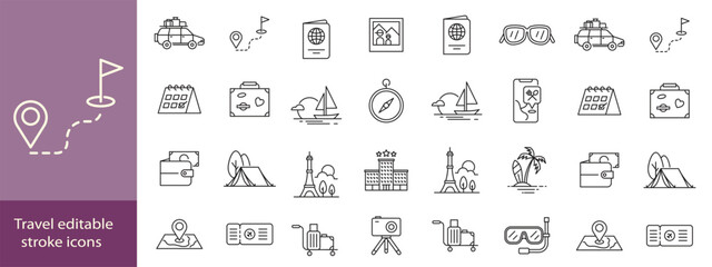 Travel editable stroke icons set. Travel, hotel, holiday, tourism, beach, plane, map, agent and insurance. Vector Illustration.