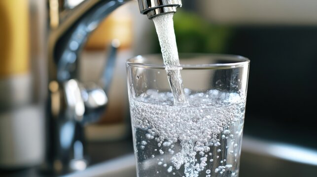 Pouring fresh, clean tap water from a modern chrome faucet into a clear drinking glass, creating sparkling bubbles and promoting hydration.