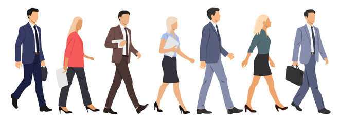 Group of young men and women, profile, different colors, cartoon character, silhouettes of walking business people, students, design concept of flat icon, isolated on white background