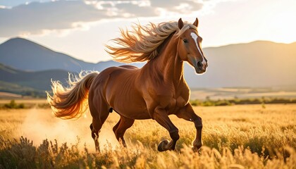 Galloping Horse in Open Field at Sunset
